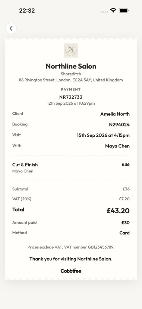 A completed appointment receipt in the Cobbtree customer app
